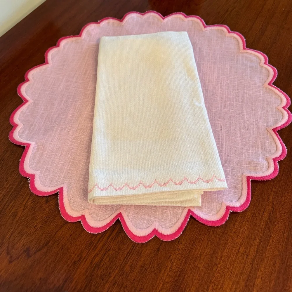 New Deborah Rhodes Pink Scallop Pique Linen Napkins Set of 6